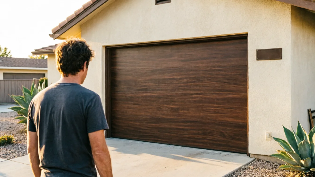 A man stands with his back to a closed dark wood garage door.