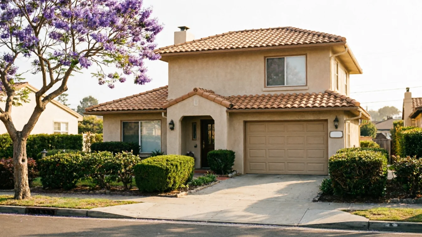 The house has a tan garage door, a tiled roof, and a purple flowering tree.