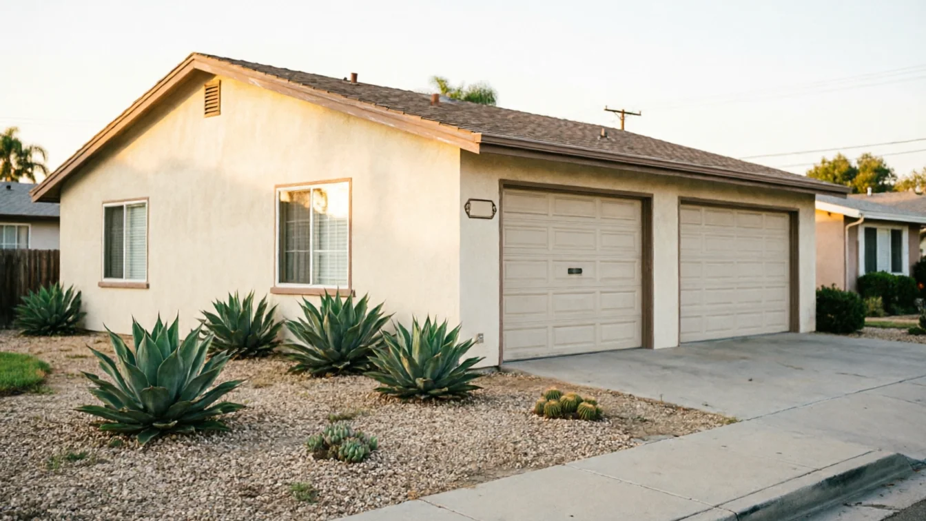 A house with two beige garage doors and desert landscaping.