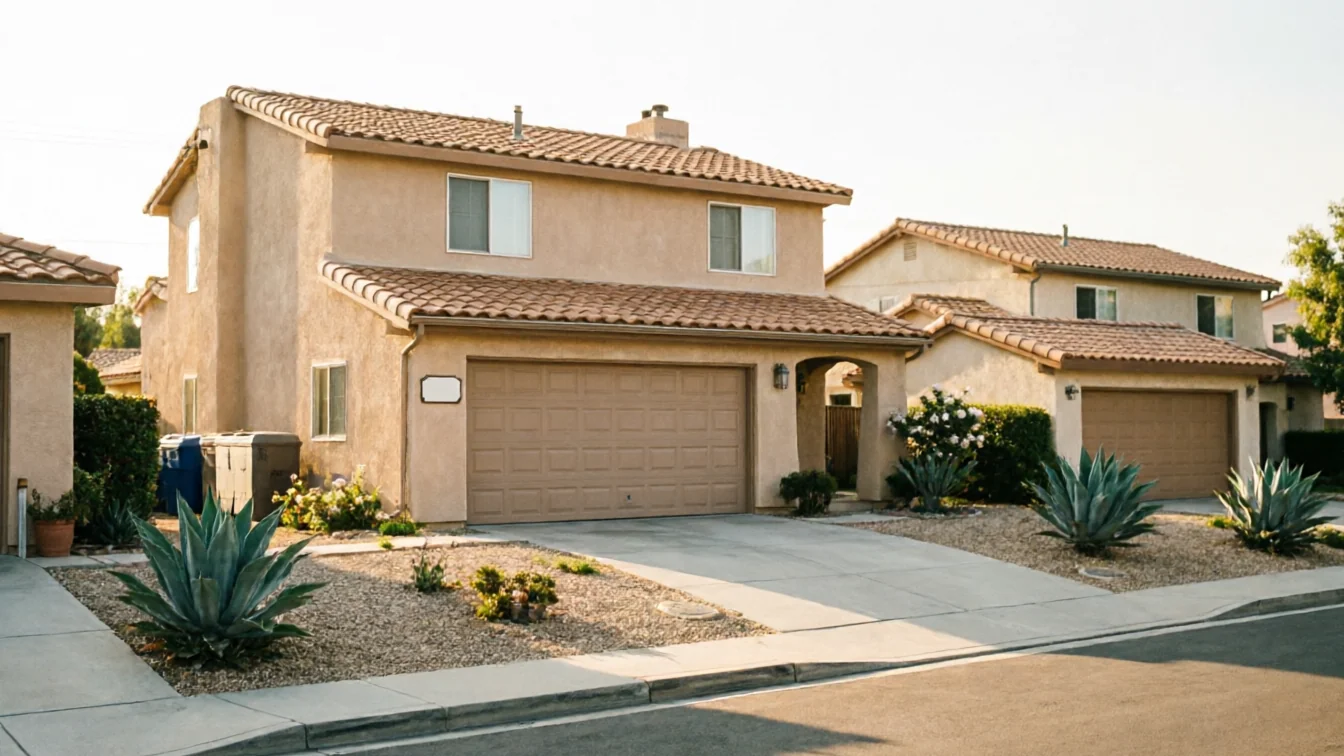 A two-story house with a tan garage door and a tiled roof stands on a sunny street.