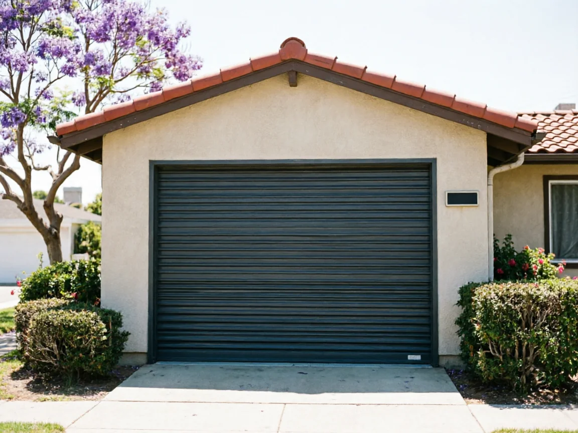 A dark gray rolling garage door on a stucco house with a red tile roof.