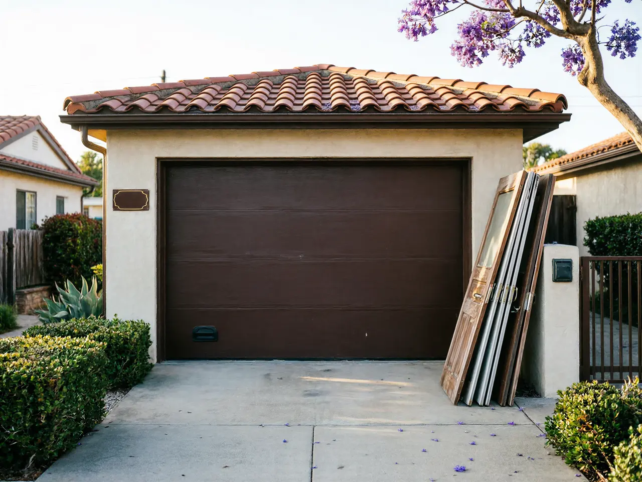 A brown garage door is on a house with a tiled roof and purple flowers.