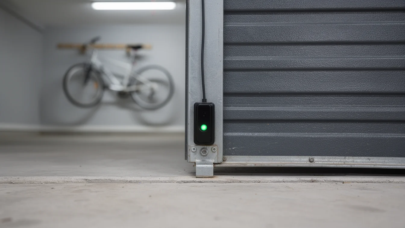 A black sensor with a green light is mounted on a garage door frame.