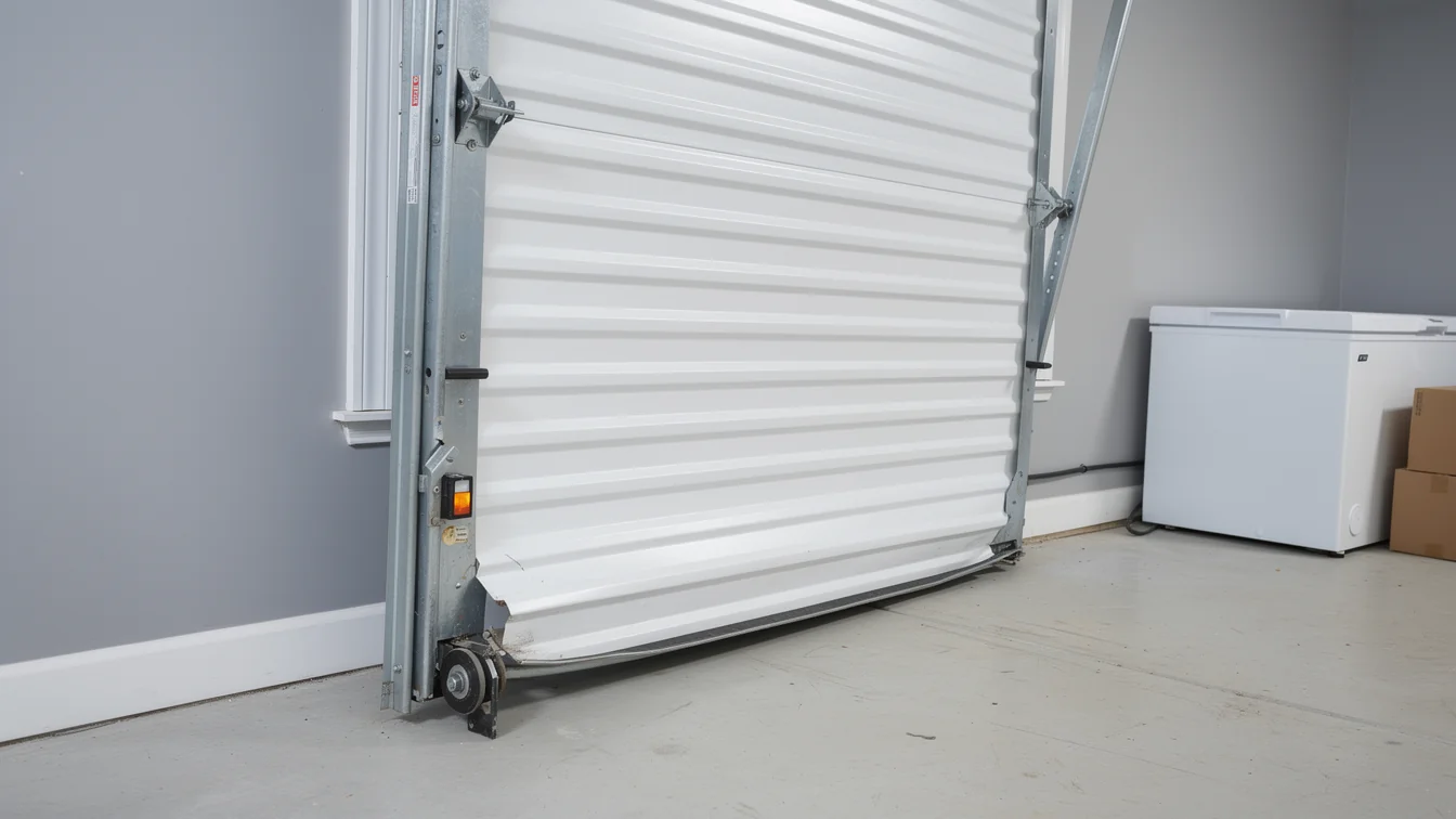 A white garage door is bent at the bottom, with a freezer in the background.