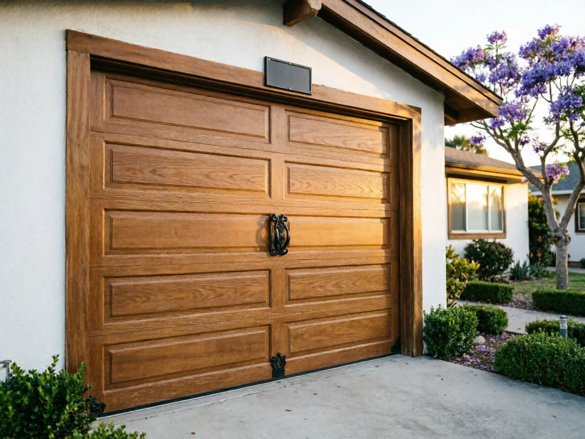 A brown wooden garage door with decorative black hardware on a white house.